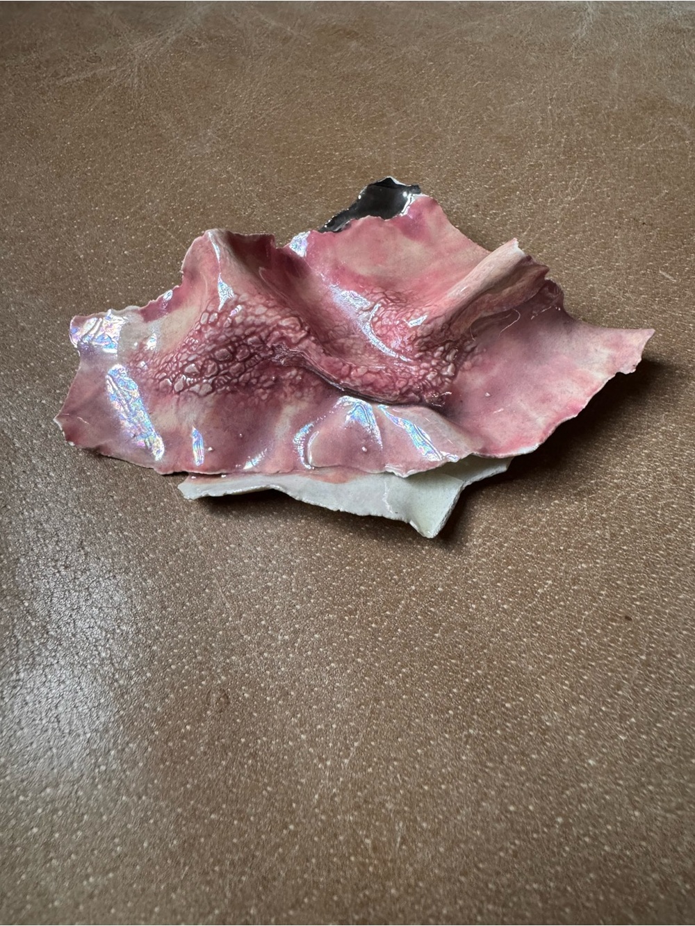 Pink Iridescent Ceramic Brooch Sculpture adornment vintage handmade floral pin